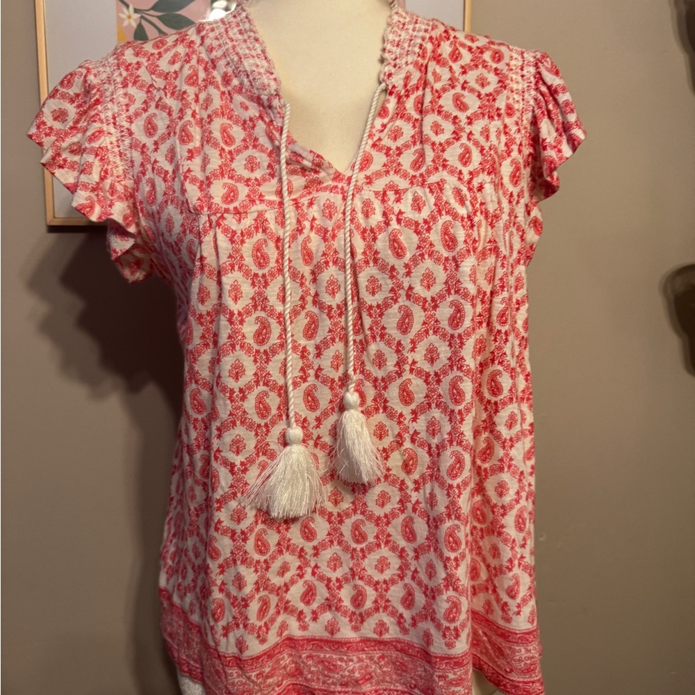 Lucky Brand Coral-Print Tassel V-Neck Blouse